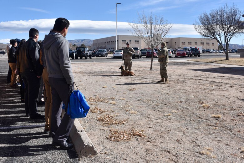 Photo of students watching a military working dog demonstration.