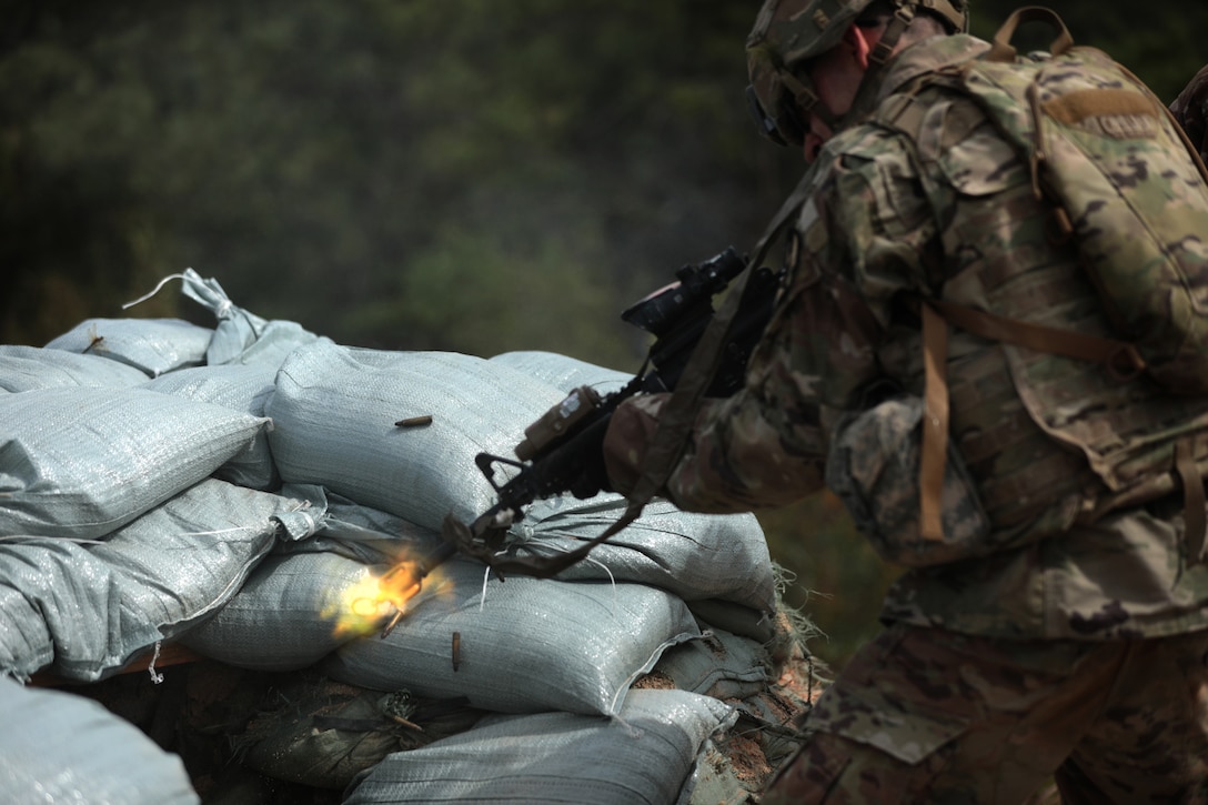 Infantryman with 3rd Battalion, 8th Cavalry Regiment, 3rd Armored Brigade Combat Team, 1st Cavalry Division, clears bunker September 25, 2019,
during platoon live-fire training, Rodriguez Live Fire Complex, Republic of Korea (U.S. Army/Scott Kuhn)