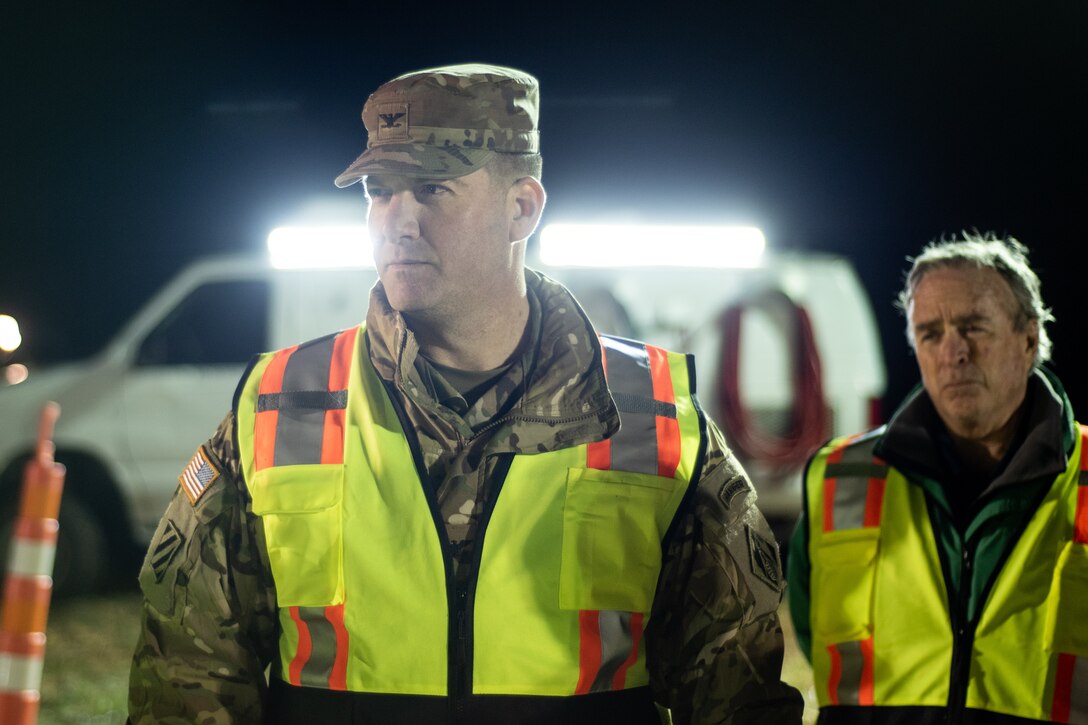 Col. Marvin L. Griffin, Huntsville Center commander, gets a firsthand look at a chemical warfare materiel remediation project at Redstone Arsenal, Alabama, Jan. 16, 2020, for which Huntsville Center’s Chemical Warfare Design Center is serving as executing agent. Steven Light, right, serves as chief of the Chemical Warfare Materiel Division.