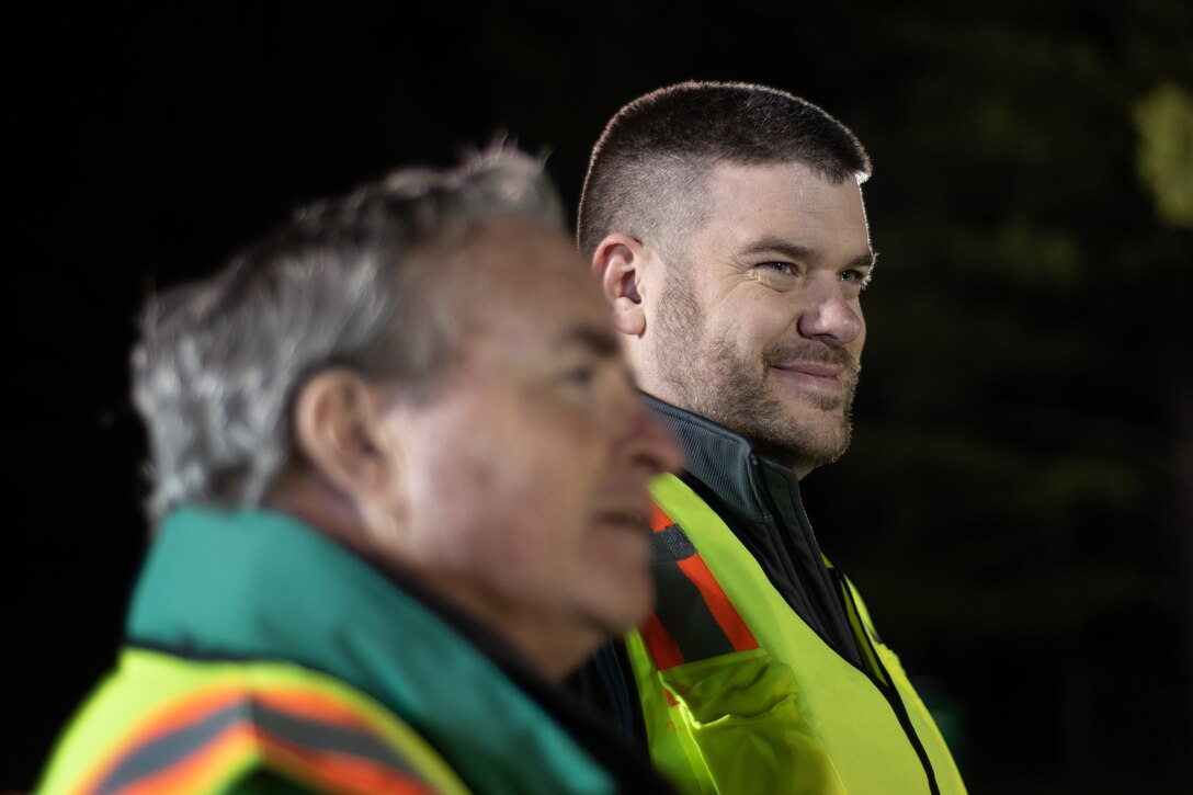 Wes Johnson, right, acquisition manager for Huntsville Center’s Ordnance and Explosives Directorate, participates in a walkthrough of a chemical warfare materiel remediation project site at Redstone Arsenal, Alabama, Jan. 16, 2020, for which Huntsville Center’s Chemical Warfare Design Center is serving as executing agent. Steven Light, left, serves as chief of the Chemical Warfare Materiel Division. Both were leading the walkthrough for Col. Marvin L. Griffin, Huntsville Center commander.