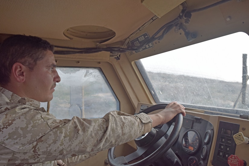 A Jordan Armed Forces-Arab Army (JAF) Soldier drives a Mine Resistant Ambush Protected Wheeled Armor Vehicle during a Subject Matter Expert Exchange with Military Engagement Team-Jordan, 158th Maneuver Enhancement Brigade, Arizona Army National Guard, at a base outside of Amman, Jordan in January. The U.S. military has a long-standing relationship with Jordan to support our mutual objectives by providing military assistance to the JAF consistent with our national interests. (U.S. Army photo by Sgt. 1st Class Elvis Sierra)