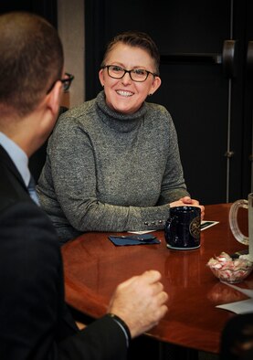 Wright State University President Susan Edwards speaks with Duane Harrison, National Air and Space Intelligence Center chief scientist during a briefing at Wright-Patterson AFB, Ohio on Feb. 4, 2020. During her visit here, Edwards was briefed on the center’s mission and composition.  Additionally, Harrison provided an overview of the center’s educational programs and goals, to include NASIC’s new university ambassador program.  (U.S. Air Force photo Staff Sgt. Seth Ray Stang)