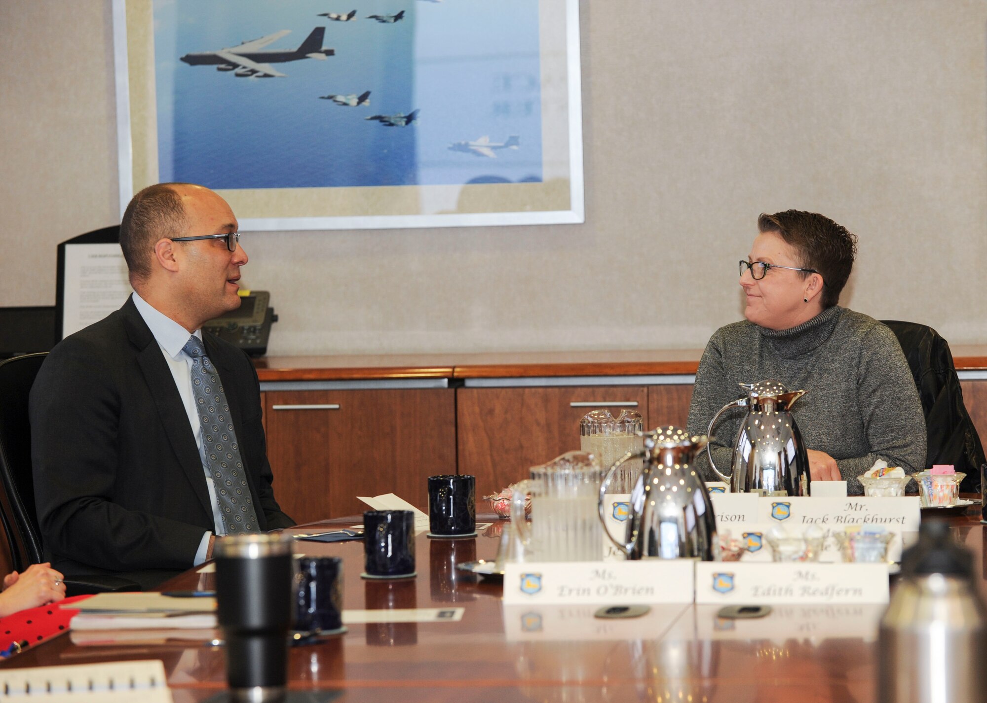 Wright State University President Susan Edwards speaks with Duane Harrison, National Air and Space Intelligence Center chief scientist during a briefing at Wright-Patterson AFB, Ohio on Feb. 4, 2020. During her visit here, Edwards was briefed on the center’s mission and composition.  Additionally, Harrison provided an overview of the center’s educational programs and goals, to include NASIC’s new university ambassador program.  (U.S. Air Force photo Staff Sgt. Seth Ray Stang)