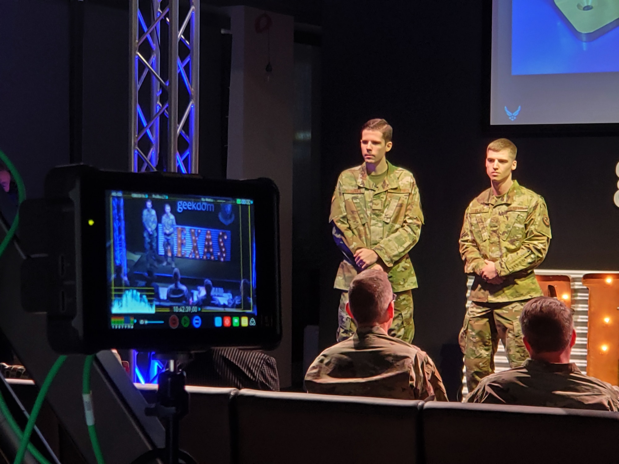 Staff Sgt. Nate Klingbeil and Airman 1st Class Jordan Vesey present their idea for using additive manufacturing for vehicle maintenance to senior leaders during the 2020 Air Force Installation and Mission Support Center Innovation Rodeo, Feb. 7, 2020, in San Antonio.