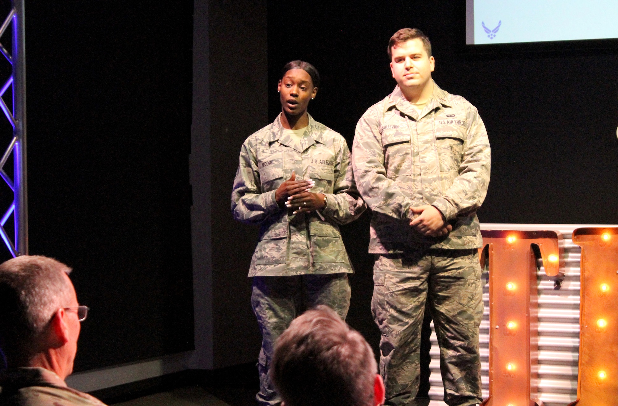 Second Lt. Thomas Sullivan and Senior Airman Ny’Daisha Moore present their idea for AF Eats, an app-based food order and delivery service, to senior leaders during the 2020 Air Force Installation and Mission Support Center Innovation Rodeo, Feb. 7, 2020, in San Antonio.