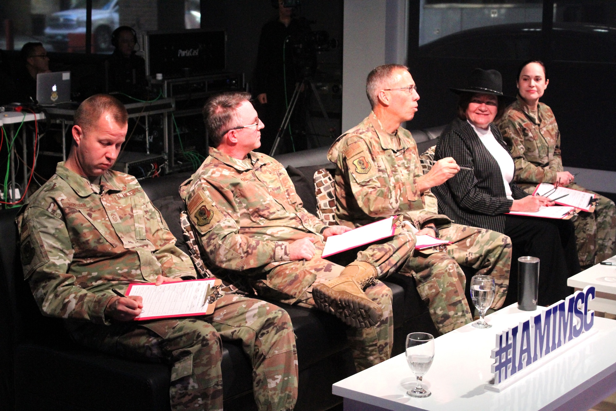 From left, 2020 AFIMSC Innovation Rodeo panel members Chief Master Sgt. Edwin Ludwigsen, Brig. Gen. Stewart Hammons, Maj. Gen. Tom Wilcox, Lorna Estep and Brig. Gen. Alice Trevino ask questions following a presentation Feb. 7, 2020.