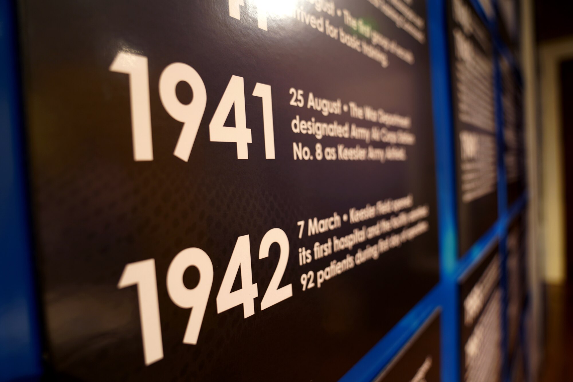 A Keesler Air Force Base display is shown inside the Biloxi Visitor's Center in Biloxi, Mississippi, Jan. 6, 2020. A ceremony was held to unveil the new display, which was created to show the history of Keesler and its role in the city of Biloxi. (U.S. Air Force photo by Airman 1st Class Seth Haddix)