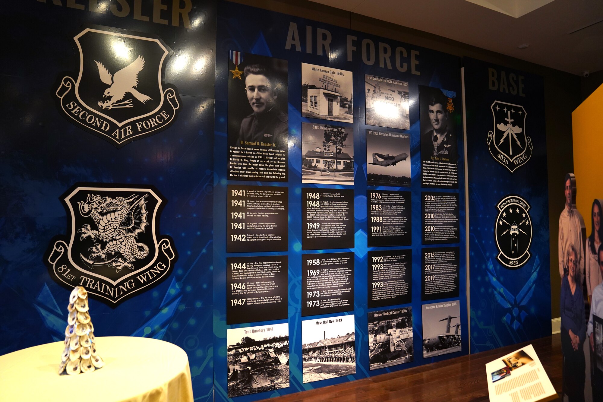 A Keesler Air Force Base display is shown inside the Biloxi Visitor's Center in Biloxi, Mississippi, Jan. 6, 2020. A ceremony was held to unveil the new display, which was created to show the history of Keesler and its role in the city of Biloxi. (U.S. Air Force photo by Airman 1st Class Seth Haddix)