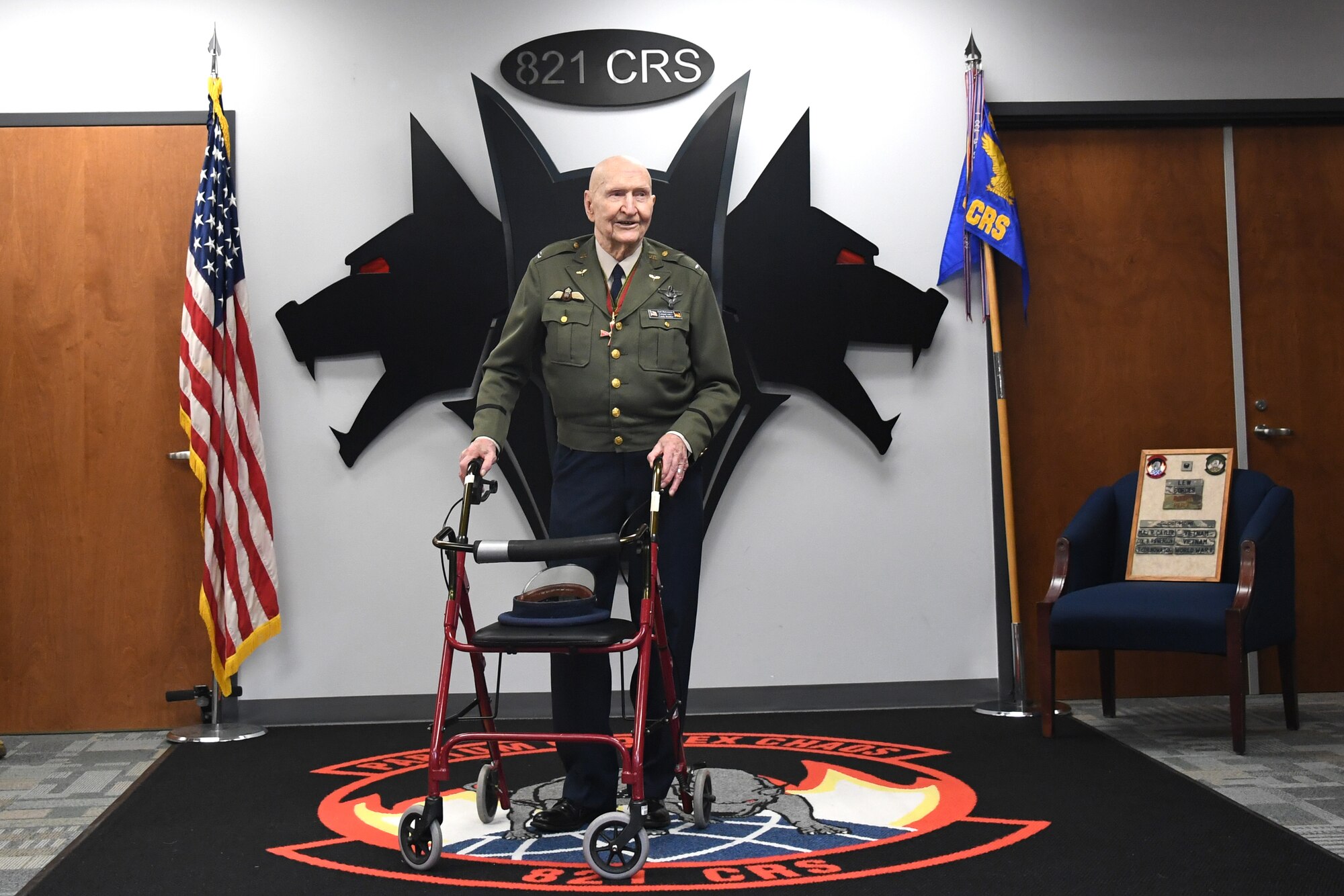 U.S. Air Force retired Col. Gail S. Halvorsen, the Berlin Candy Bomber, speaks to Airmen assigned to the 821st Contingency Response Squadron during his visit to Travis Air Force Base, California, Jan. 31, 2020. Halvorsen spoke about the importance of being a part of the airlift team and told Airmen there was no greater service than to save the lives of others. (U.S. Air Force photo/ TSgt Liliana Moreno)