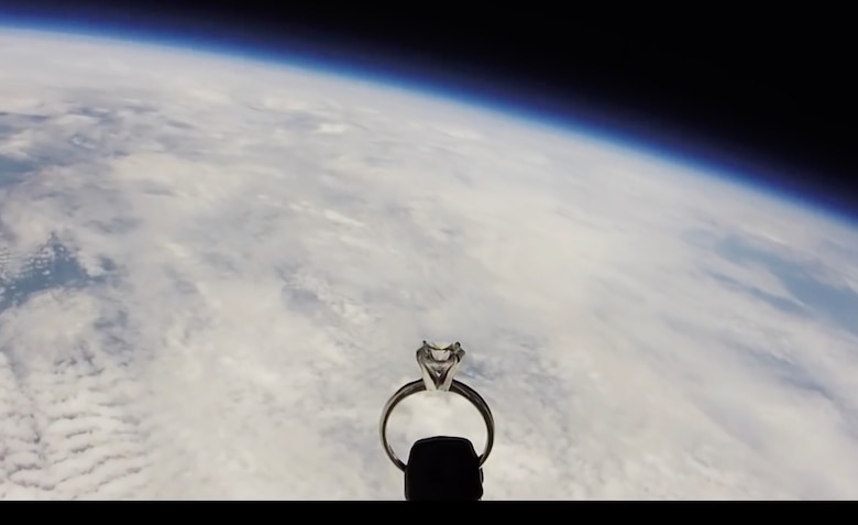 A proposal ring floats in approximately 90 thousand feet in the atmosphere Aug. 31, 2020, in space.  Capt. Stuart Shippee, a 393rd Bomb Squadron B-2 Spirit Stealth Bomber pilot launched ring from Missouri to propose to his girlfriend—now fiancée—Marie Lisman. (Courtesy Photo)