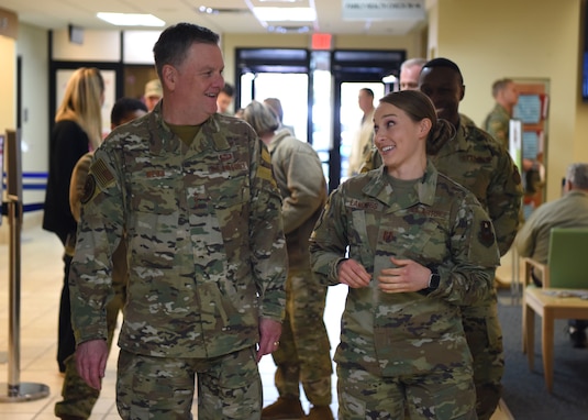 U.S. Air Force Lt. Gen. Brad Webb, commander of Air Education and Training Command, discusses physical therapy with Capt. Danielle Langness, a physical therapist at the Ross Clinic on Goodfellow Air Force Base, Texas, Feb. 6, 2020. Physical therapy holds a very important position at a training base by keeping students fit to fight. (U.S. Air Force photo by Airman 1st Class Ethan Sherwood)