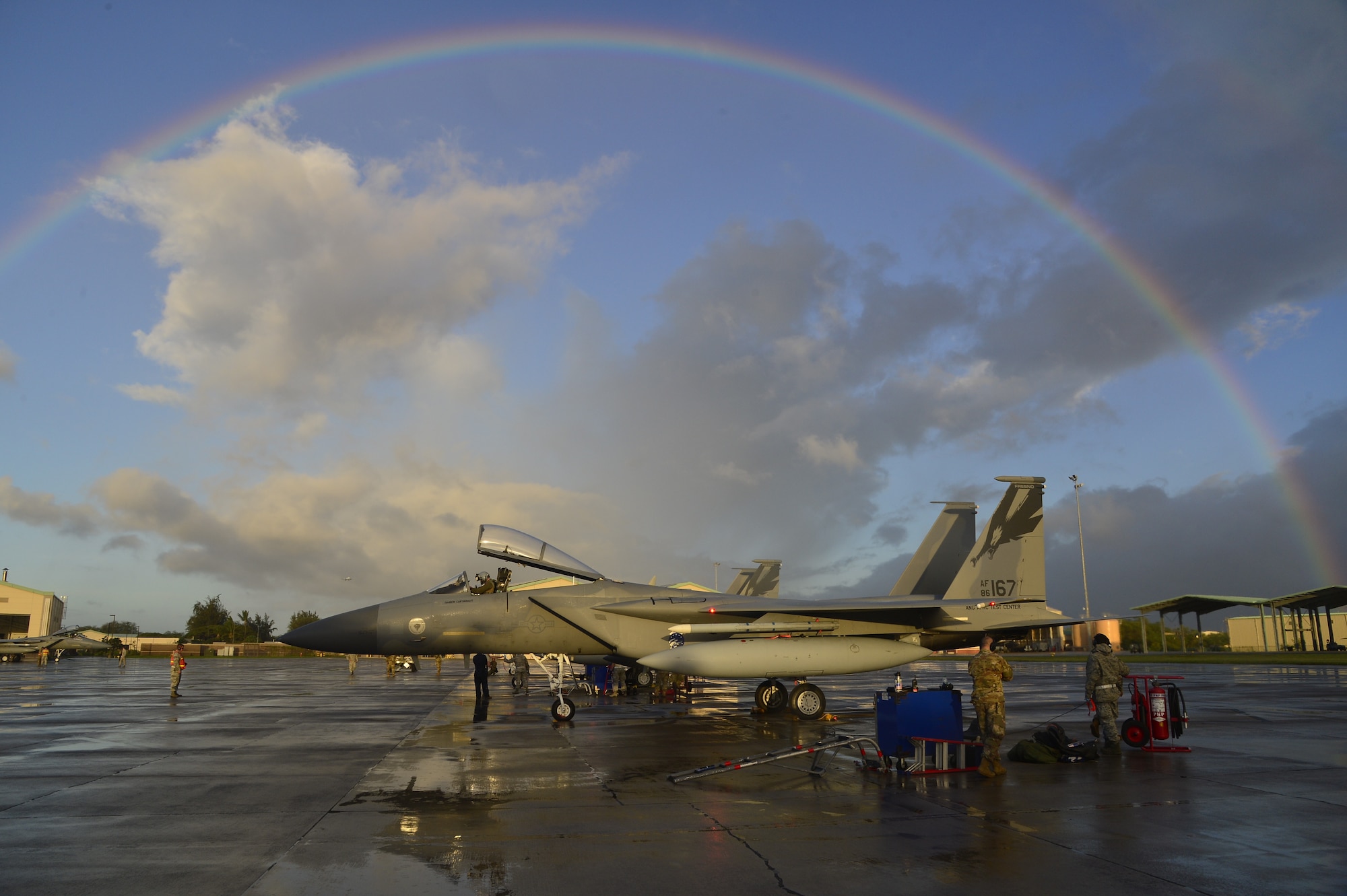 Airmen assigned to the California Air National Guard's 144th Fighter Wing prepare to launch a F-15C Eagle fighter jet in support of Sentry Aloha 20-1, Jan. 9, 2020.