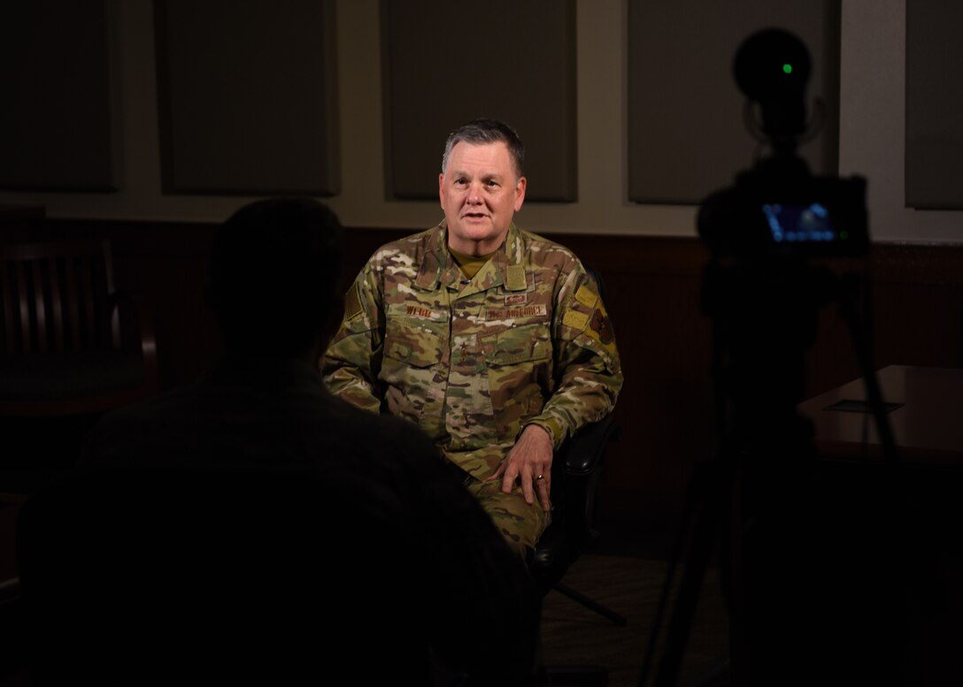 U.S. Air Force Lt. Gen. Brad Webb, commander of Air Education and Training Command, gives 17th Training Wing Public Affairs Airmen an interview discussing his two day immersion tour at Goodfellow Air Force Base, Texas, Feb. 7, 2020. The AETC command team visited the base to learn more about the wing’s mission to train, develop and inspire exceptional intelligence, surveillance and reconnaissance and fire protection professionals for America and her allies. (U.S. Air Force photo by Airman 1st Class Ethan Sherwood)