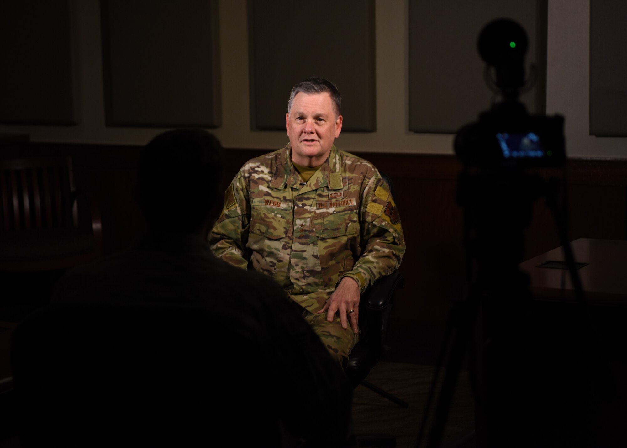 U.S. Air Force Lt. Gen. Brad Webb, commander of Air Education and Training Command, gives 17th Training Wing Public Affairs Airmen an interview discussing his two day immersion tour at Goodfellow Air Force Base Texas, Feb. 7, 2020. The AETC command visited the base to learn more about the wing’s mission to train, develop and inspire exceptional intelligence, surveillance and reconnaissance and fire protection professionals for America and her allies. (U.S. Air Force photo by Airman 1st Class Ethan Sherwood)