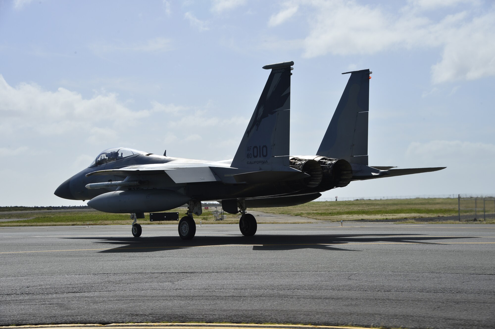 A U.S. Air Force F-15C assigned to the California Air National Guard's 144th Fighter Wing prepares to take of from the Daniel K. Inouye International Airport Jan. 9, 2020 in support of Sentry Aloha 20-1