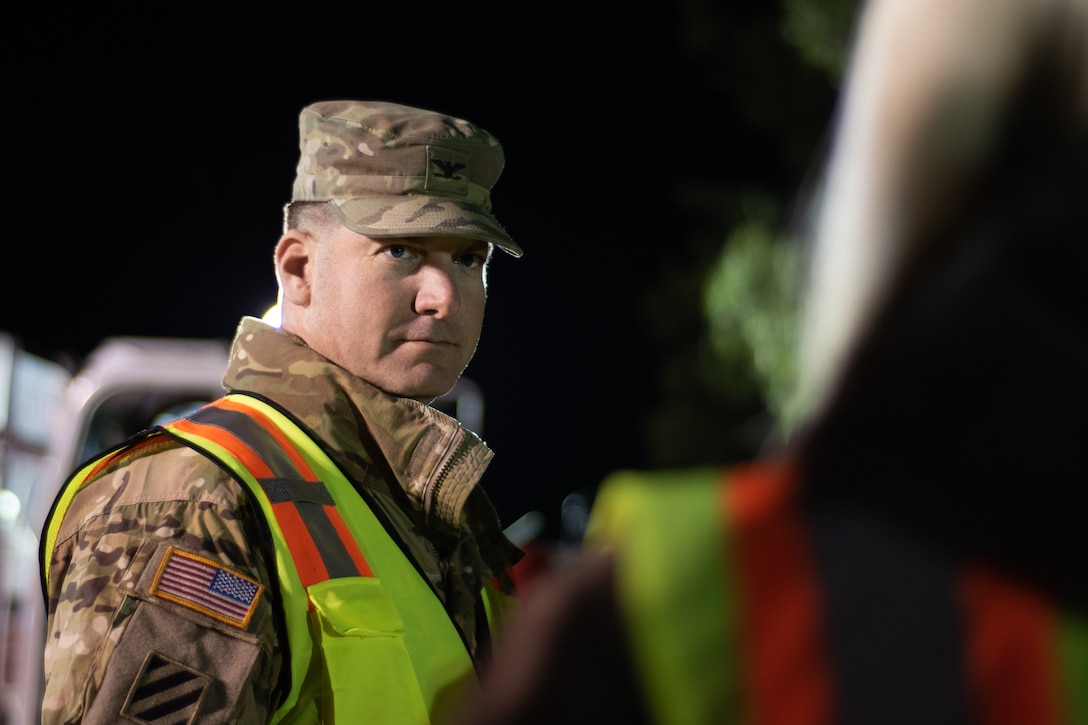 Col. Marvin L. Griffin, Huntsville Center commander, talks with the professionals working on a chemical warfare materiel remediation project at Redstone Arsenal, Alabama, Jan. 16, 2020, for which Huntsville Center’s Chemical Warfare Design Center is serving as executing agent.