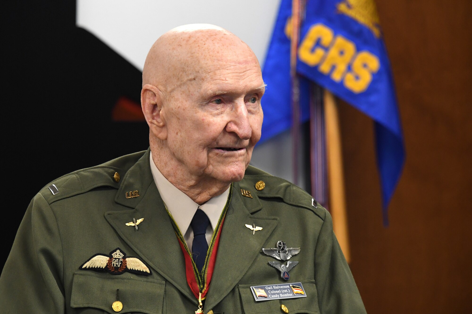 U.S. Air Force retired Col. Gail S. Halvorsen, the Berlin Candy Bomber, speaks to Airmen assigned to the 821st Contingency Response Squadron during his visit to Travis Air Force Base, California, Jan. 31, 2020. Halvorsen spoke about the importance of being a part of the airlift team and told Airmen there was no greater service than to save the lives of others. (U.S. Air Force photo/ TSgt Liliana Moreno)