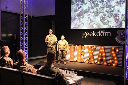 rom left, Staff Sgt. Nicholas S. Mullins and Tech. Sgt. Anastasia Sobania present their idea for using radio frequency identification software for weapon and equipment management to senior leaders during the 2020 Air Force Installation and Mission Support Center Innovation Rodeo, Feb. 7, 2020, in San Antonio.