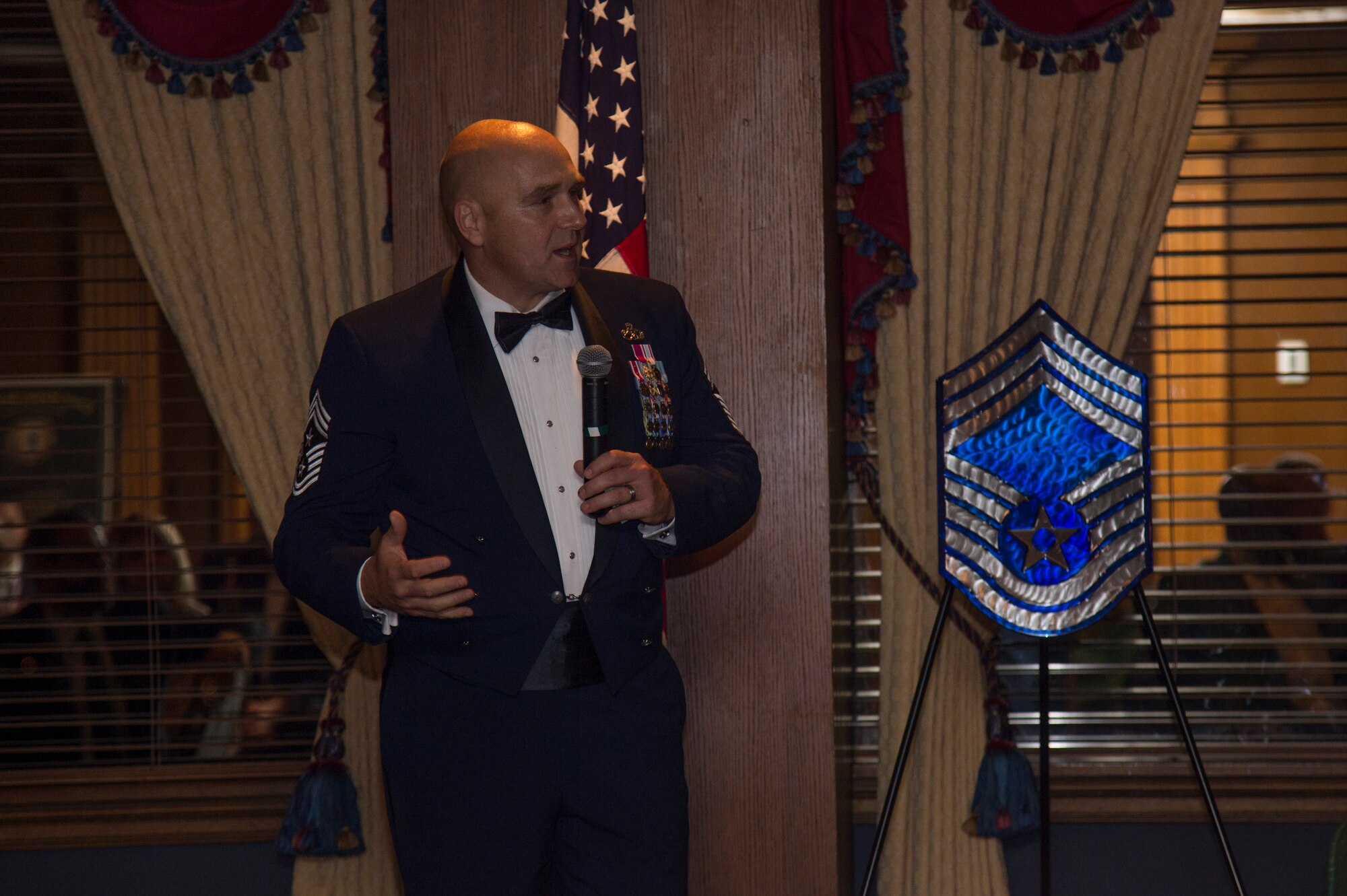 U.S. Air Force Chief Master Sgt. Anthony Green, the 6th Air Refueling Wing command chief, delivers a speech at the University Club in Tampa, Fla., Jan. 31, 2020. Chief master sergeants serve in the highest enlisted rank and hold strategic leadership positions with tremendous influence at all levels of the Air Force.