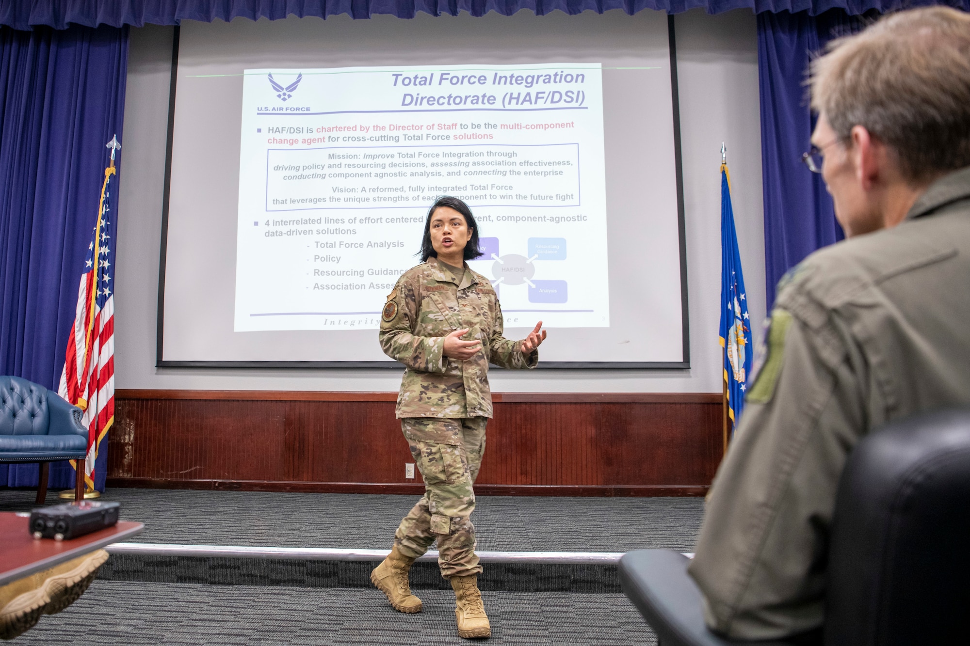 Col. Robin Bowman, director of Total Force Integration, speaks with members of the 12th Flying Training Wing Feb. 4 at Joint Base San Antonio-Randolph, Texas. TFI works to improve integration between active-duty Air Force, Air Force Reserve, and the Air National Guard.(U.S. Air Force photo by Sabrina Fine)