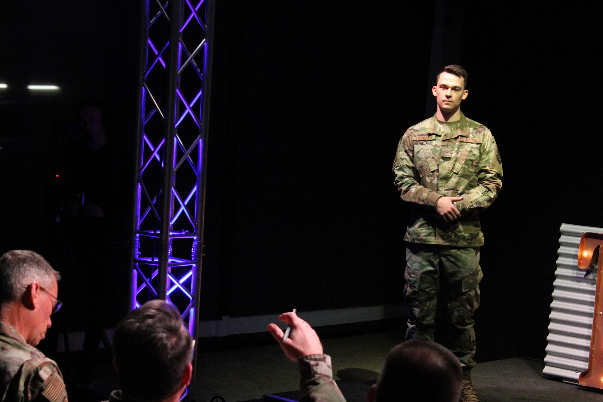 Senior Airman Tyler Strauser presents an idea for using augmented reality glasses to rapidly and efficiently locate utilities to senior leaders during the 2020 Air Force Installation and Mission Support Center Innovation Rodeo, Feb. 7, 2020, in San Antonio.