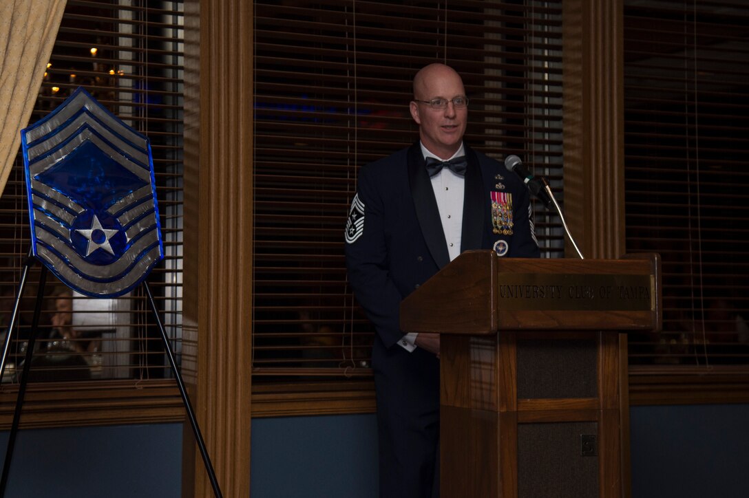 U.S. Air Force Chief Master Sgt. Daniel Simpson, the 18th Air Force command chief, delivers a speech at the University Club in Tampa, Fla., Jan. 31, 2020. Simpson visited MacDill Air Force Base, Fla., and served as the keynote speaker for MacDill’s Chief Master Sgt. Induction Ceremony.