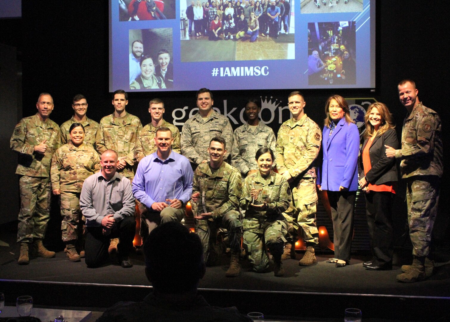 All 2020 AFIMSC Innovation Rodeo teams pose for a group photo with AFIMSC Commander Maj. Gen. Tom Wilcox and AFIMSC Command Chief Master Sgt. Edwin Ludwigsen Feb. 7, 2020.