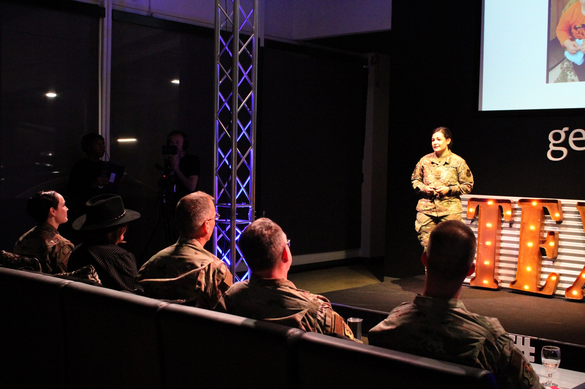 Maj. Jacque Vasta presents her idea for a child care app to senior leaders during the 2020 Air Force Installation and Mission Support Center Innovation Rodeo, Feb. 7, 2020, in San Antonio.