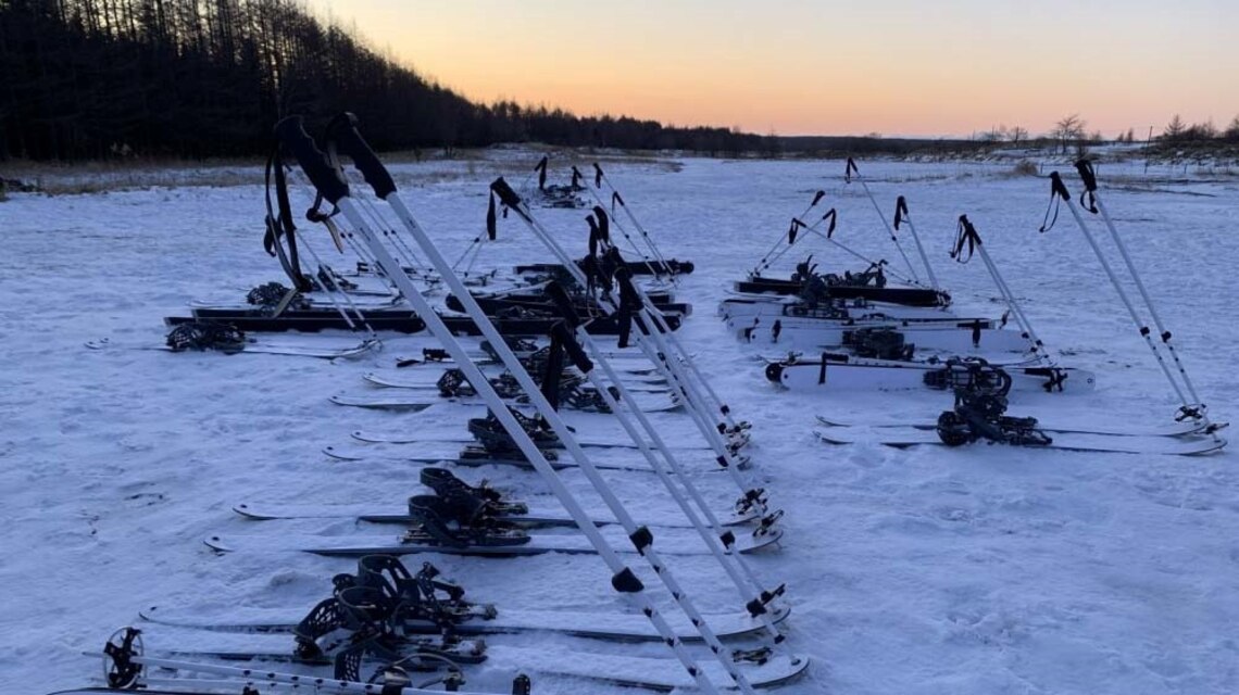 A formation of skis belonging to U.S. Marines from 2nd Battalion, 3rd Regiment, 3rd Marine Division, as they conduct a bilateral sniper rifle range with Soldiers from 5th Brigade, Japan Ground Self-Defense Force, during exercise Northern Viper on Hokudaien Training Area, Hokkaido, Japan, Jan. 28, 2020. Northern Viper is a regularly scheduled training exercise that is designed to enhance the interoperability of the U.S. and Japan Alliance by allowing Marine Air-Ground Task Forces from III Marine Expeditionary Force to maintain their lethality and proficiency in MAGTF Combined Arms Operations in cold weather environments.
