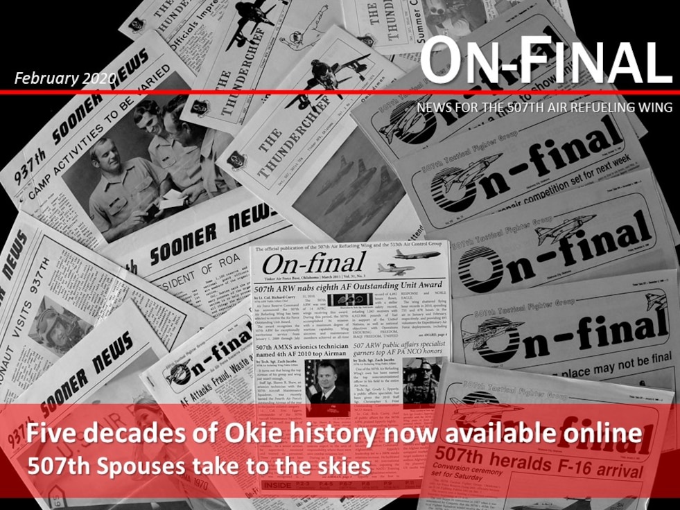 507th Air Refueling Wing newsletters from the past five decades are displayed on a table Feb. 7, 2020, at Tinker Air Force Base, Oklahoma. (U.S. Air Force graphic by Senior Airman Mary Begy)