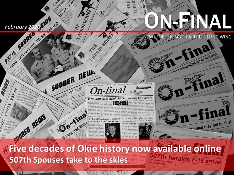 507th Air Refueling Wing newsletters from the past five decades are displayed on a table Feb. 7, 2020, at Tinker Air Force Base, Oklahoma. (U.S. Air Force graphic by Senior Airman Mary Begy)