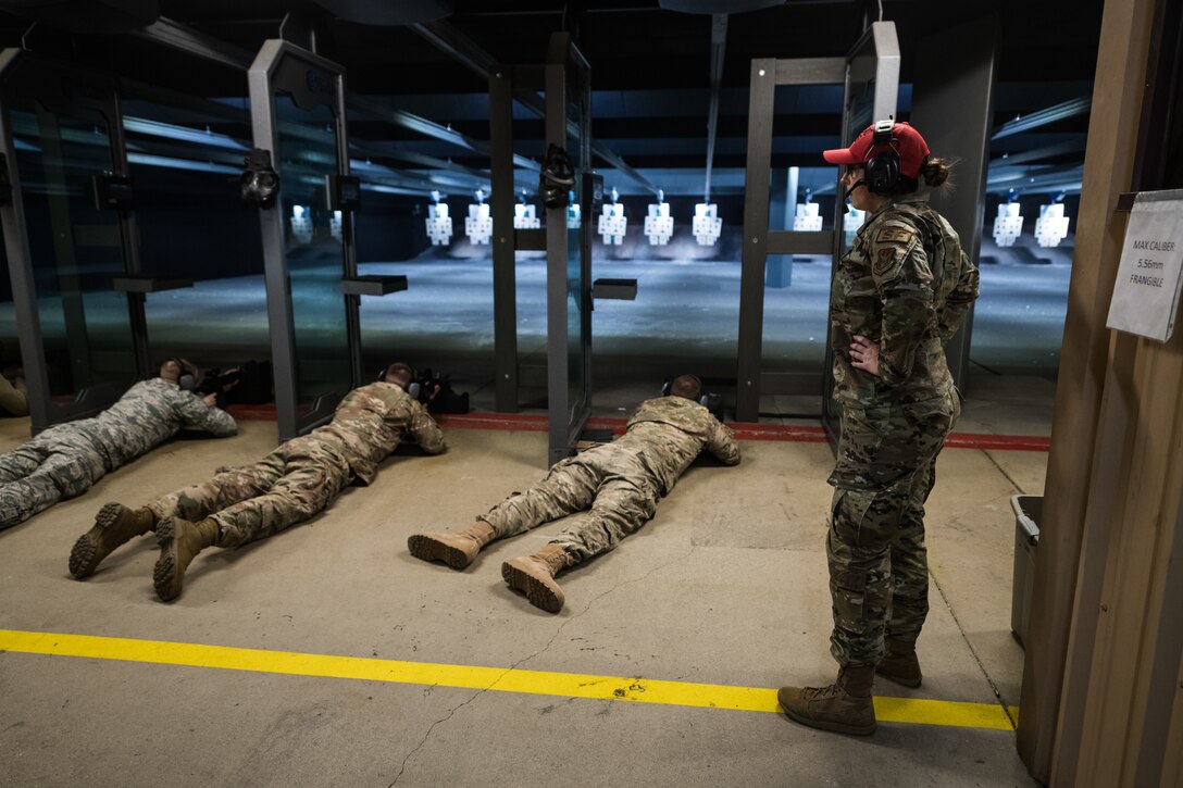 Citizen Airmen with the 932nd Airlift Wing participate in M4 rifle qualification, Scott Air Force Base, Illinois, Feb. 8, 2020. The course sharpens their weapon systems skills and ensures optimal performance of the firearms they carry daily. (U.S. Air Force photo by Senior Airman Brooke Deiters)