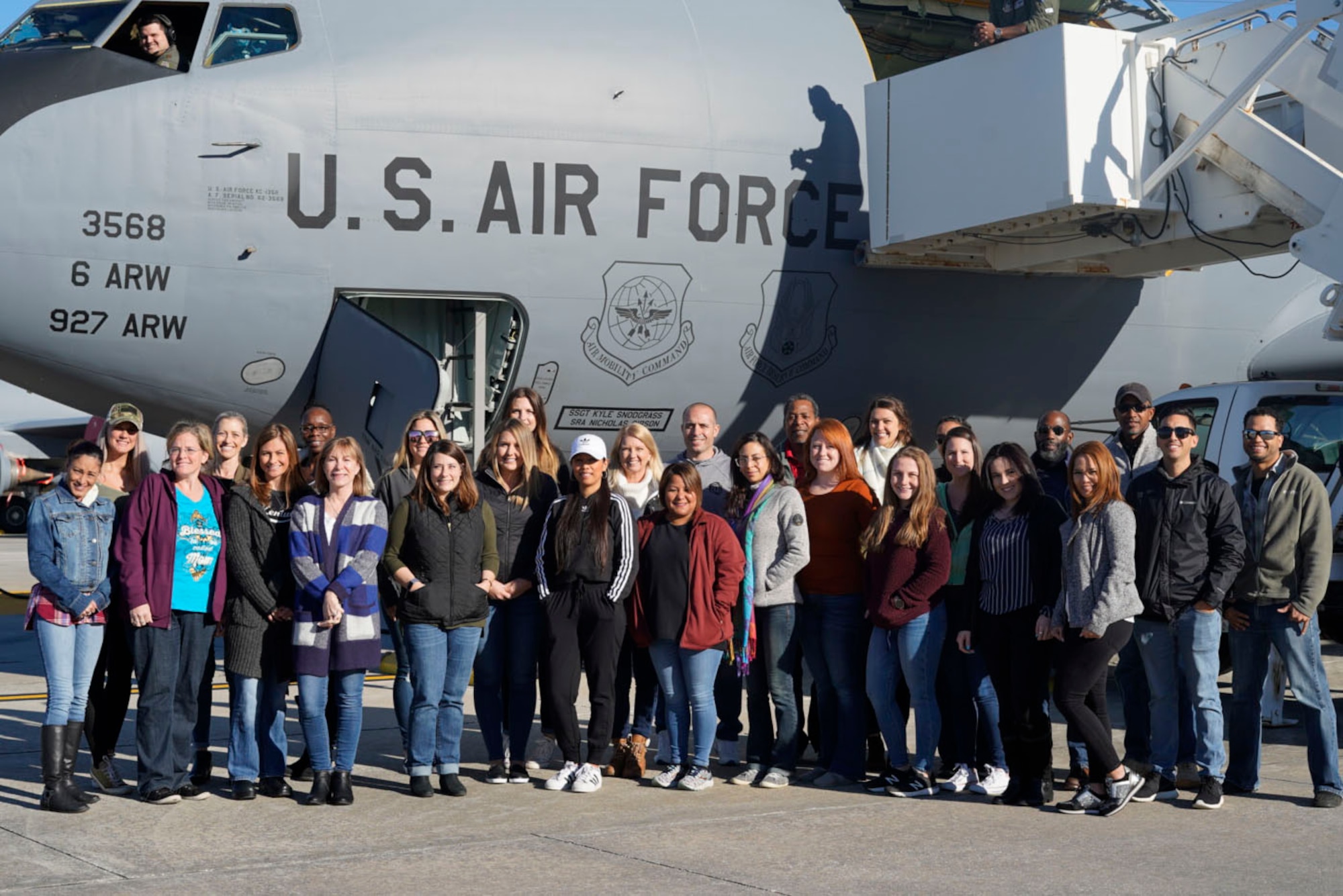 Spouses soar in the air during a Spouse Flight on February 8, 2020 at MacDill Air Force Base, Fla. The Spouses were given a firsthand look at the mission of the 927th Air Refueling Wing. (U.S. Air Force photo by Senior Airman Alexis Suarez)