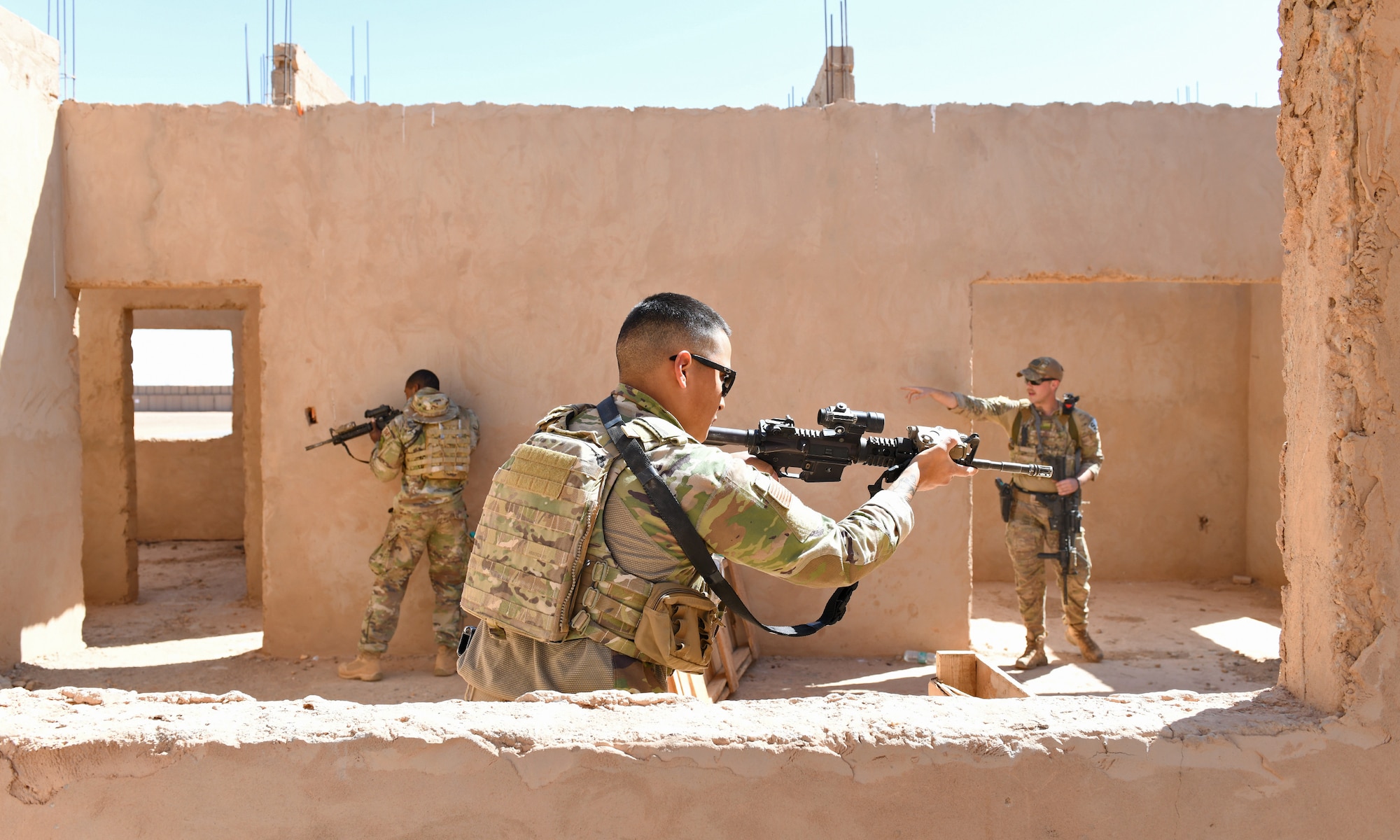 U.S. Air Force Senior Airman Brandon Troglia, 409th Expeditionary Security Forces Squadron Response Force team member, participates in a close quarters battle refresher course at Nigerien Air Base 201, Niger, Feb. 5, 2020. During the course, the Defenders brushed up on the fundamentals of weapon manipulation, room clearing, and engaging threats with bystanders and hostages. (U.S. Air Force Photo by Tech. Sgt. Alex Fox Echols III)