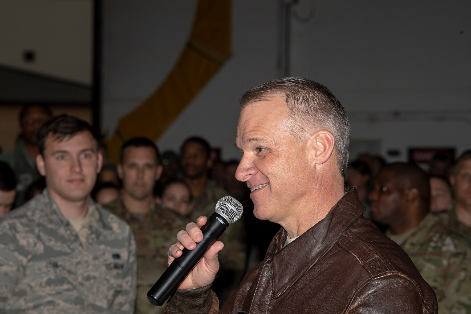 U.S. Air Force Col. Stephen “Steve” Lanier, the 916th Air Refueling Wing commander, smiles as he engages with the audience during a divestiture ceremony on Seymour Johnson Air Force Base, North Carolina, Feb. 8, 2020. The 916 ARW hosted the ceremony in honor of aircraft 349, the first KC-135 Stratotanker to be acquired by the 916 ARW and the last to be divested in the wing’s current conversion. (U.S. Air Force photo by Staff Sgt. Mary McKnight)
