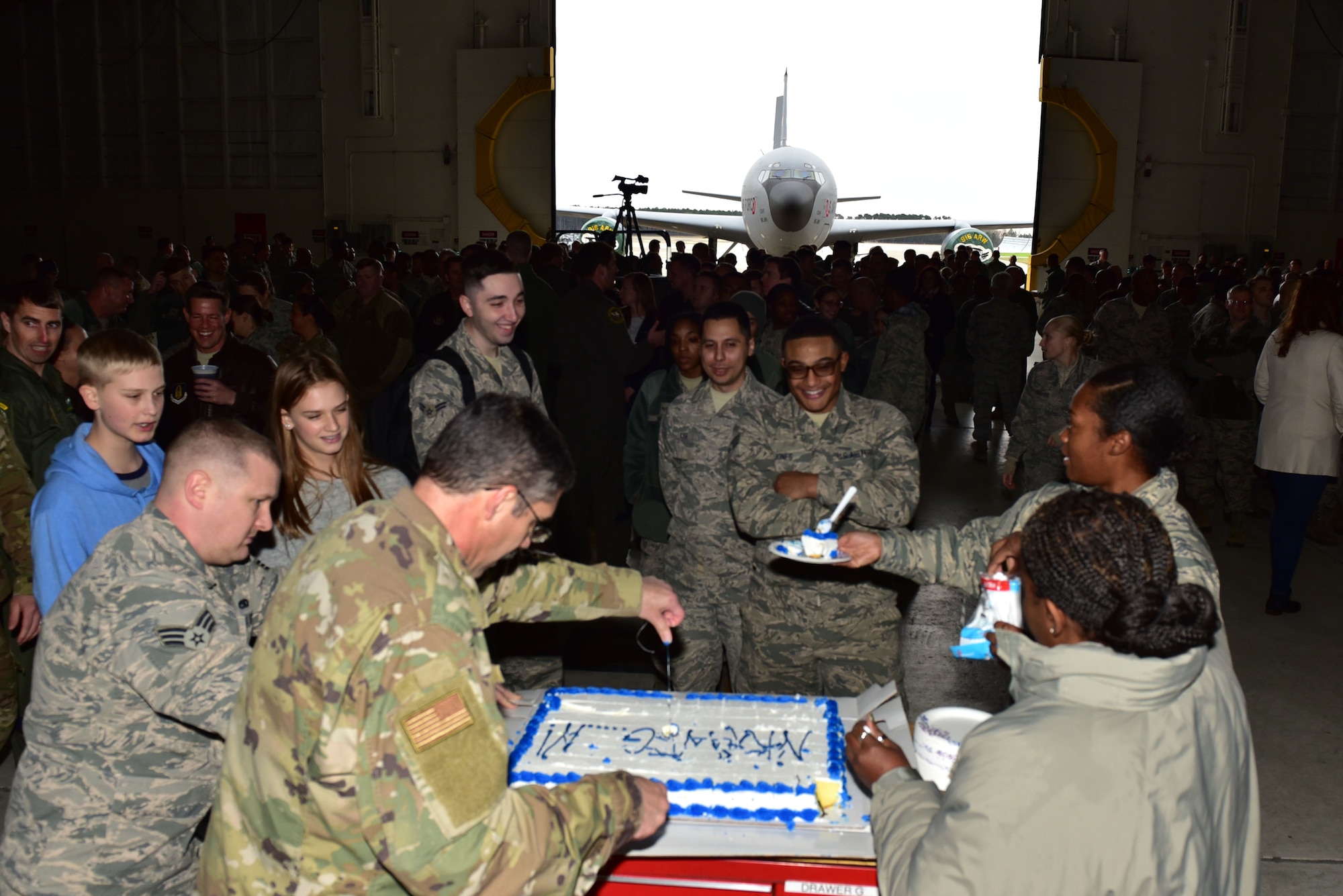 The 916th Air Refueling Wing honors aircraft 349 in a divestiture ceremony on Seymour Johnson Air Force Base, North Carolina, Feb. 8, 2020. Aircraft 349 was the first KC-135 Stratotanker to be aquired by the 916 ARW and the last to be divested in the wing's current conversion. (U.S. Air Force photo by Senior Airman Victoria Boyton)