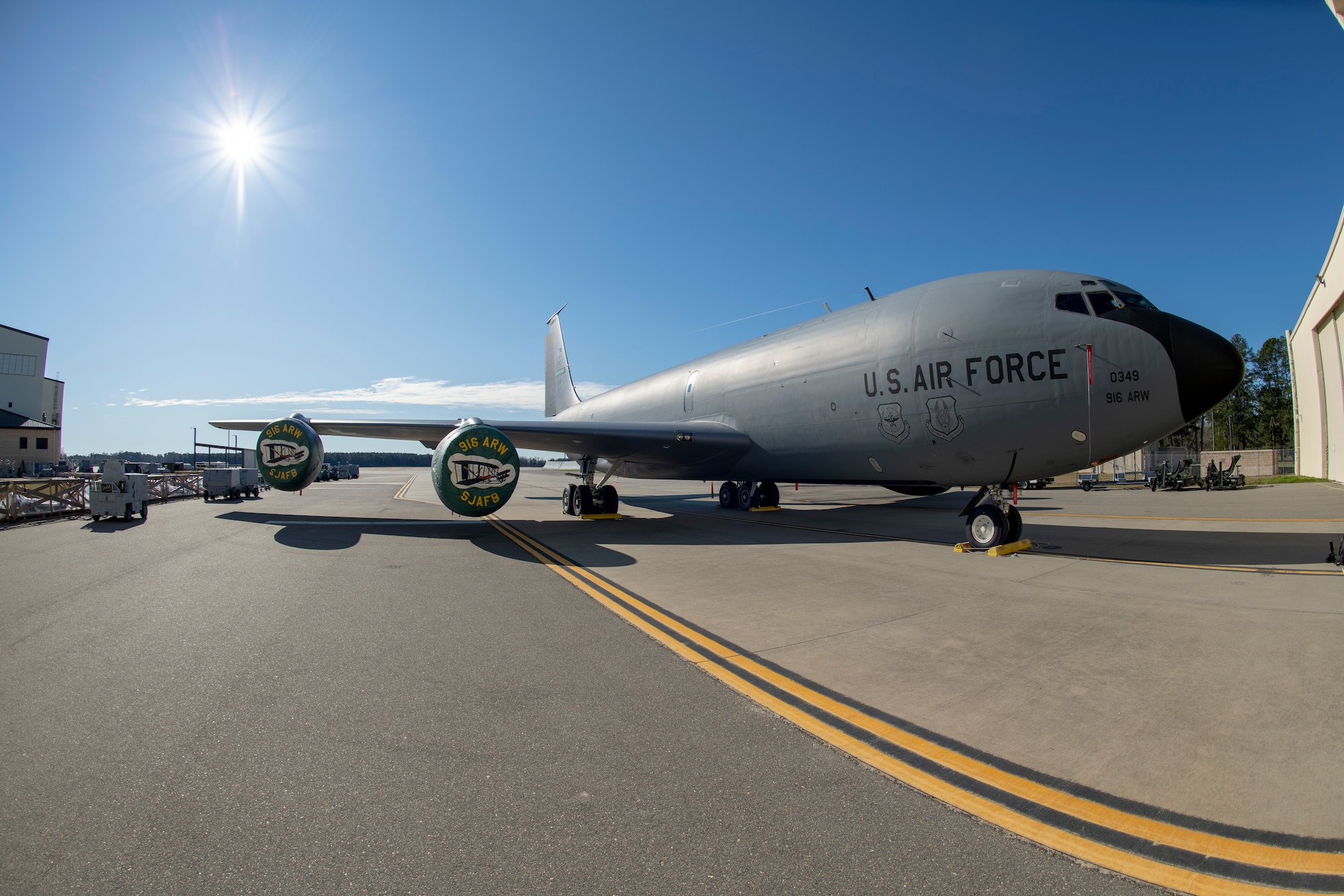 Aircraft 349, the last aircraft remaining of the 916th Air Refueling Wing’s KC-135 Stratotanker fleet, sits on the flightline of Seymour Johnson Air Force Base, North Carolina, Feb. 8, 2020. (U.S. Air Force photo by Maj. Cruz Dolak)