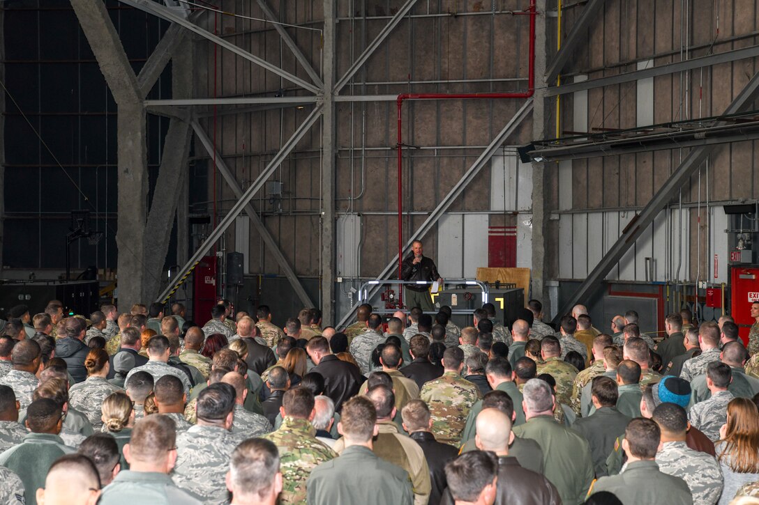 U.S. Air Force Col. Stephen “Steve” Lanier, the 916th Air Refueling Wing commander, speaks to members of the 916 ARW during a divestiture ceremony on Seymour Johnson Air Force Base, North Carolina, Feb. 8, 2020. The ceremony honored aircraft 349, which was the first KC-135 Stratotanker to be acquired by the 916 ARW and the last to be divested in the wing’s current conversion. (U.S. Air Force photo by Staff Sgt. Mary McKnight)