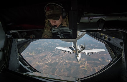 A U.S. Air Force KC-135 Stratotanker boom operator, assigned to the Mississippi Air National Guard 186th Air Refueling Wing, refuels an A-10 Thunderbolt II as part of Southern Strike 2020 over the Gulfport Combat Readiness Training Center, Miss., Feb. 7, 2020.