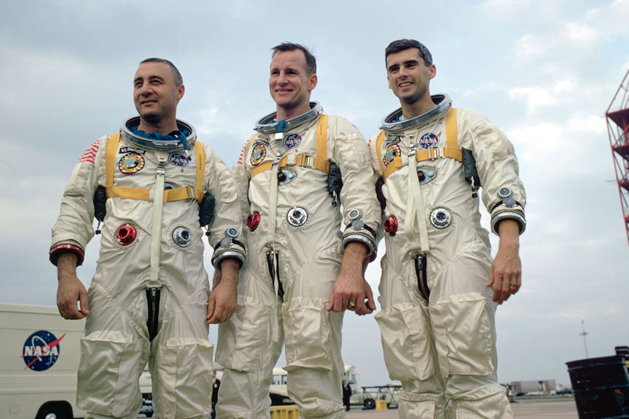 Apollo 1 Crew (l-r): Virgil I. Grissom, Edward H. White, Roger B. Chaffee. (Photo courtesy of NASA)