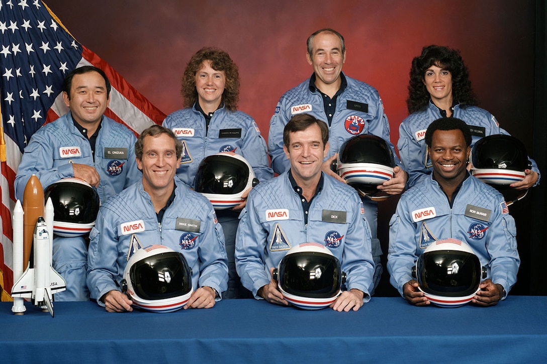 Space Shuttle Challenger, STS-51L, Crew (l-r): Mission Specialist Ellison S. Onizuka, Pilot Michael J. Smith, Payload Specialist Christa McAuliffe, Commander Francis R. “Dick” Scobee, Payload Specialist Gregory B. Jarvis, Mission Specialist Judith A. Resnik, Mission Specialist Ronald E. McNair. (Photo courtesy of NASA)