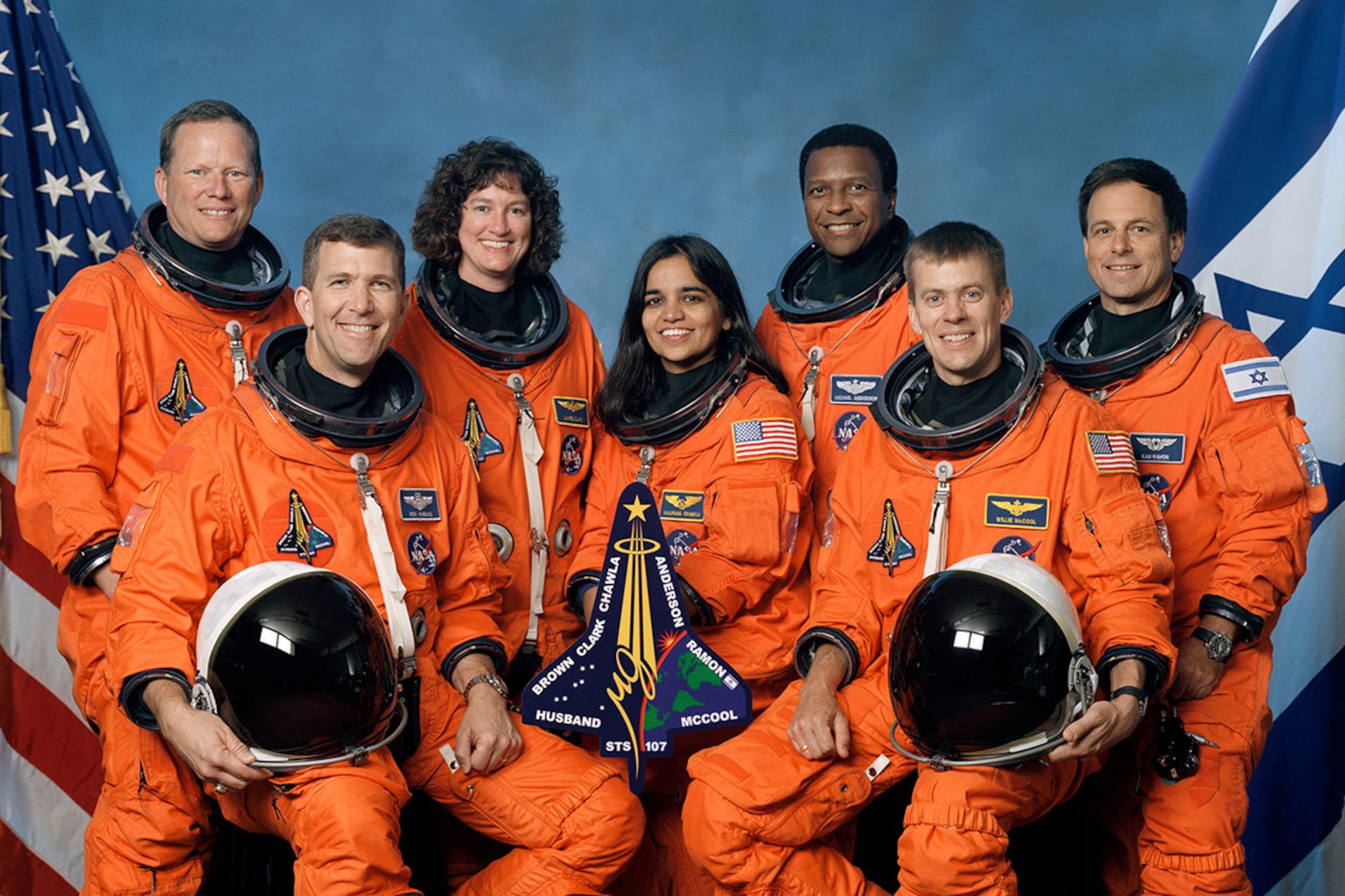 Space Shuttle Columbia, STS-107, Crew (l-r): Mission Specialist 1 David M. Brown, Commander Rick D. Husband, Mission Specialist 4 Laurel Blair Salton Clark, Mission Specialist 2 Kalpana Chawla, Payload Commander Michael P. Anderson, Pilot William C. McCool, Payload Specialist 1 Ilan Ramon. (Photo courtesy of NASA)