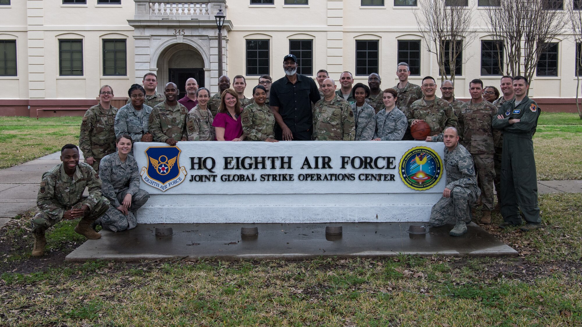 Karl “the Mailman” Malone and members from “The Mighty Eighth” Air Force and Joint-Global Strike Operations Center stand outside the headquarters building following a Leadership Lab, Feb. 4, 2020. Malone received a firsthand look at global bomber and NC3 operations during a visit to the numbered air force, which is located at Barksdale AFB, La. Malone is also a local area resident.