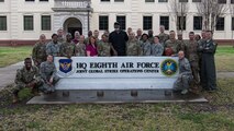 Karl “the Mailman” Malone and members from “The Mighty Eighth” Air Force and Joint-Global Strike Operations Center stand outside the headquarters building following a Leadership Lab, Feb. 4, 2020. Malone received a firsthand look at global bomber and NC3 operations during a visit to the numbered air force, which is located at Barksdale AFB, La. Malone is also a local area resident.