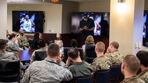 Karl Malone, former NBA player and Olympic gold medalist, discusses leadership traits and professionalism with Airmen during an 8th Air Force and Joint-Global Strike Operations Center Leadership Lab at Barksdale AFB, La., Feb. 4, 2020. J-GSOC and “Mighty Eighth” Airmen come from a variety of career fields, all which support strategic bomber and nuclear command, control and communications operations worldwide. Malone also signed memorabilia and met with service members individually during a meet-and-greet.