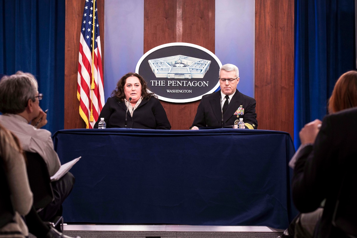 Acting Defense Department Comptroller Elaine McCusker and Navy Vice Adm. Ron Boxall, the Joint Staff’s director of force structure, resources and assessment, brief reporters on the president’s fiscal year 2021 defense budget request at the Pentagon, Feb. 10, 2020. 