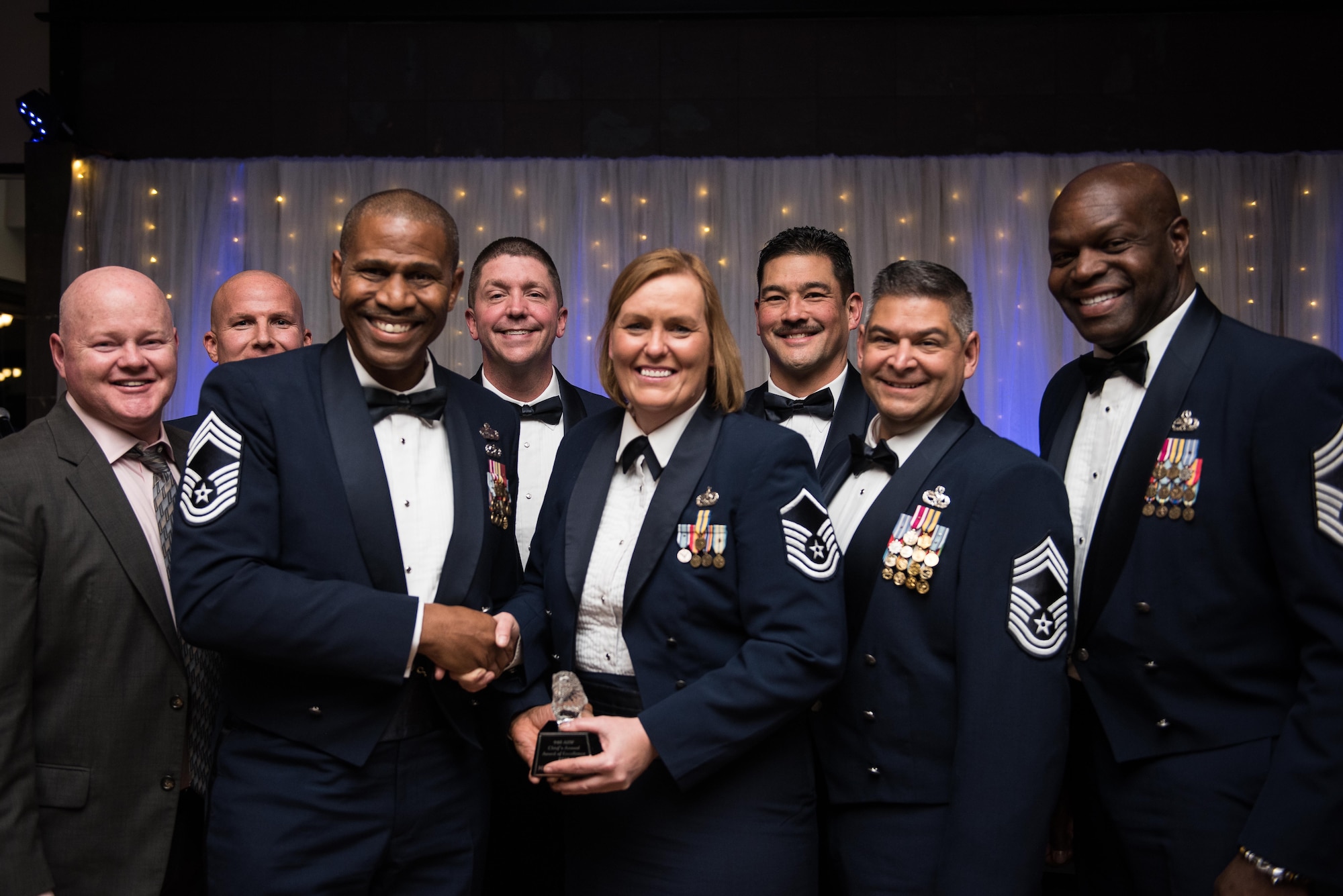 Master Sgt. Eileen Safford, 940th Maintenance Group training manager, receives the Chief’s Award for Excellence from the 940th Air Refueling Wing’s chief master sergeants.
