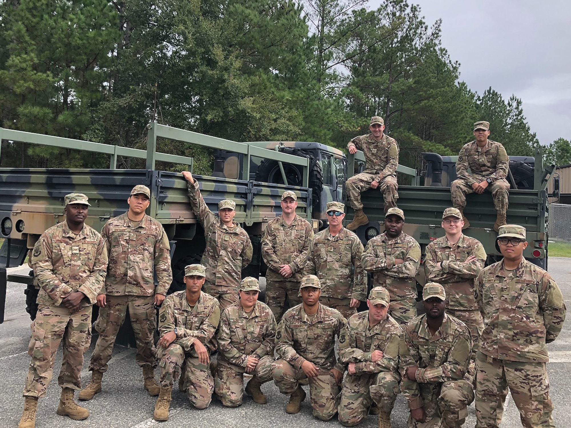 Airmen from the 85th Engineering Installation Squadron, pose for a photo, October 2018. The photo was taken before their deployment. (Courtesy photo provided by Capt. Ryan Headrick)