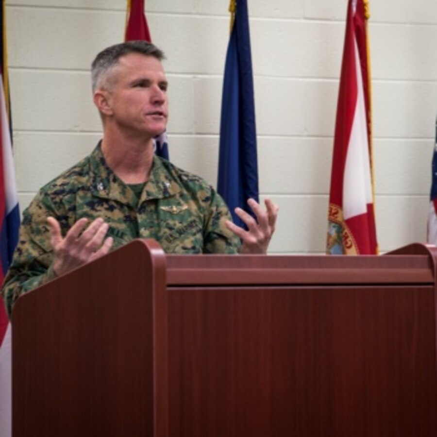 U.S. Marine Corps Col. John Neville Jr., program manager for Small Tactical Unmanned Aircraft Systems Program Office (PMA-263), speaks during a ribbon cutting ceremony at Marine Corps Air Station (MCAS) Cherry Point, North Carolina, Feb. 10, 2020. There ceremony announced the opening of the RQ-21A Blackjack maintenance course which has not been instructed through the United States Marine Corps until now. The technological and systematic advancement and evolutions will now be experienced firsthand by all Sailors and Marines who are taught in this military occupational specialty at MCAS Cherry Point Center for Naval Aviation Technical Training. (U.S. Marine Corps photo by Cpl. Micha Pierce)