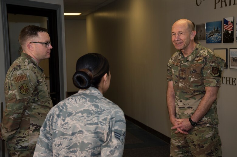 U.S. Air Force Gen. Mike Holmes, the commander of Air Combat Command, speaks with Airmen at Joint Base Langley-Eustis, Virginia, Feb. 7, 2020.